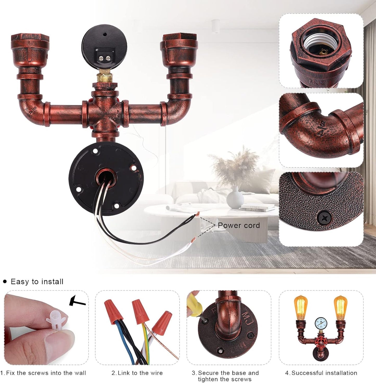 KAWELL Vintage Steampunk Wall Sconce 2-Light - Industrial Water Pipe Wall Lamp with Decorative Gauge, E26 Edison Bulb Fixture for Bar & Cafe