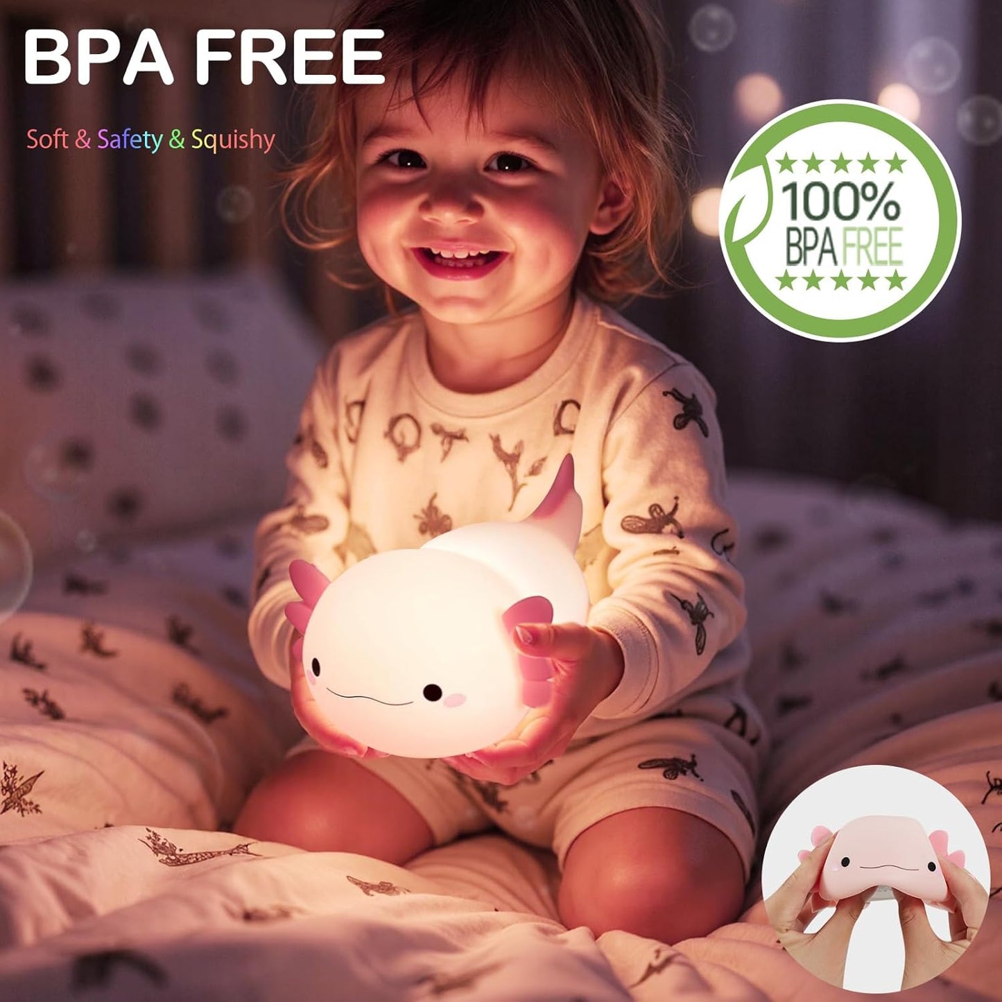 Axolotl Night Light | Rechargeable Silicone Bedside Lamp, Dimmable, Kids Teen Gift
