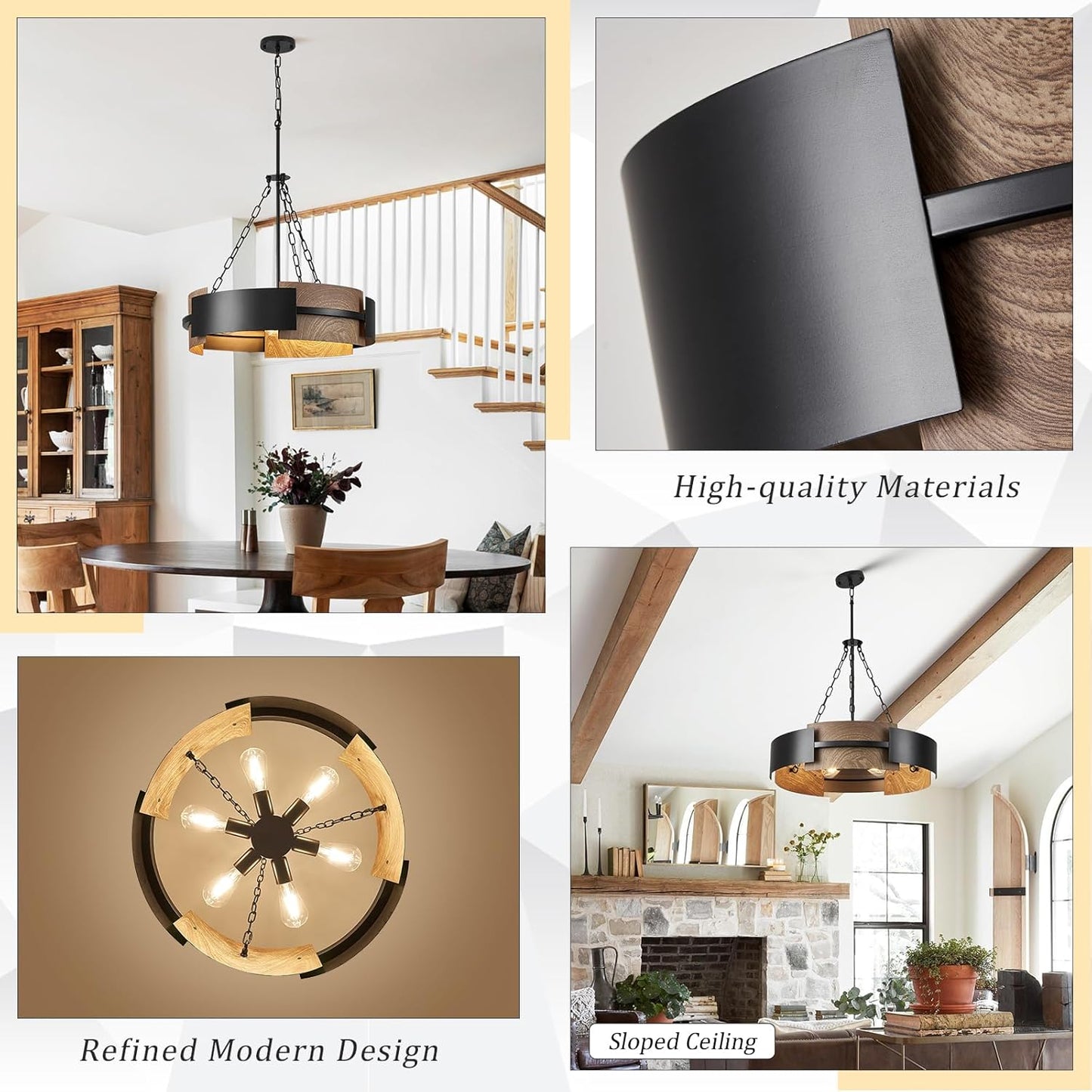 24" Industrial Drum Chandelier | 6-Light Black Metal & Walnut Wood, Dining Room