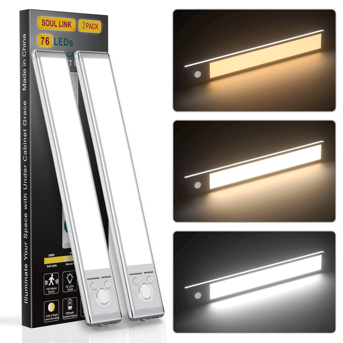 KAWELL Under Cabinet Light – 76 LED Motion Sensor, USB Rechargeable, Magnetic Dimmable (9.5" & 12")