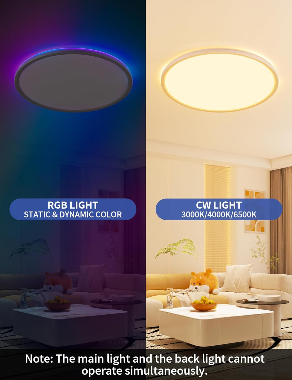 KAWELL Smart RGB LED Ceiling Light – 11 Inch, 24W 2400LM, 3000K–6500K, DIY Colors, Remote Control, Timer, Flush Mount