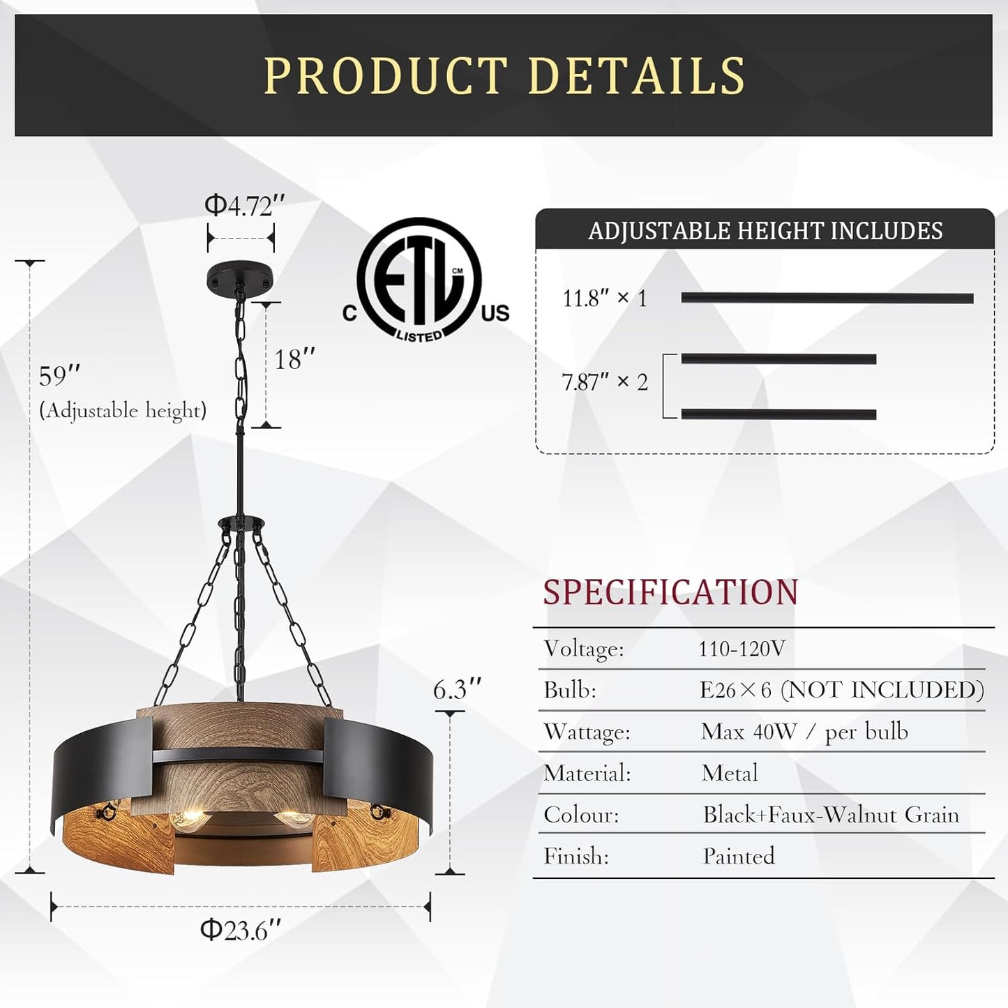 24" Industrial Drum Chandelier | 6-Light Black Metal & Walnut Wood, Dining Room