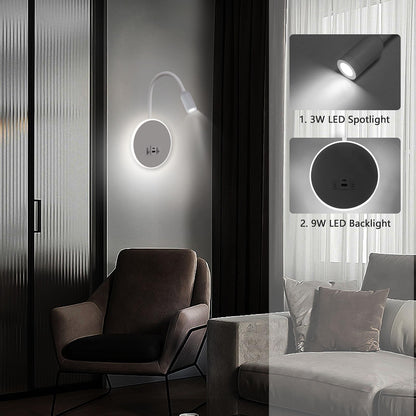 Kawell Modern LED Wall Sconce with Switch Swivel Bedside Reading Spotlight Hardwired 9W+3W LED Wall Light with USB & Type-C Ports Indoor for Bedroom Study Living Room, White