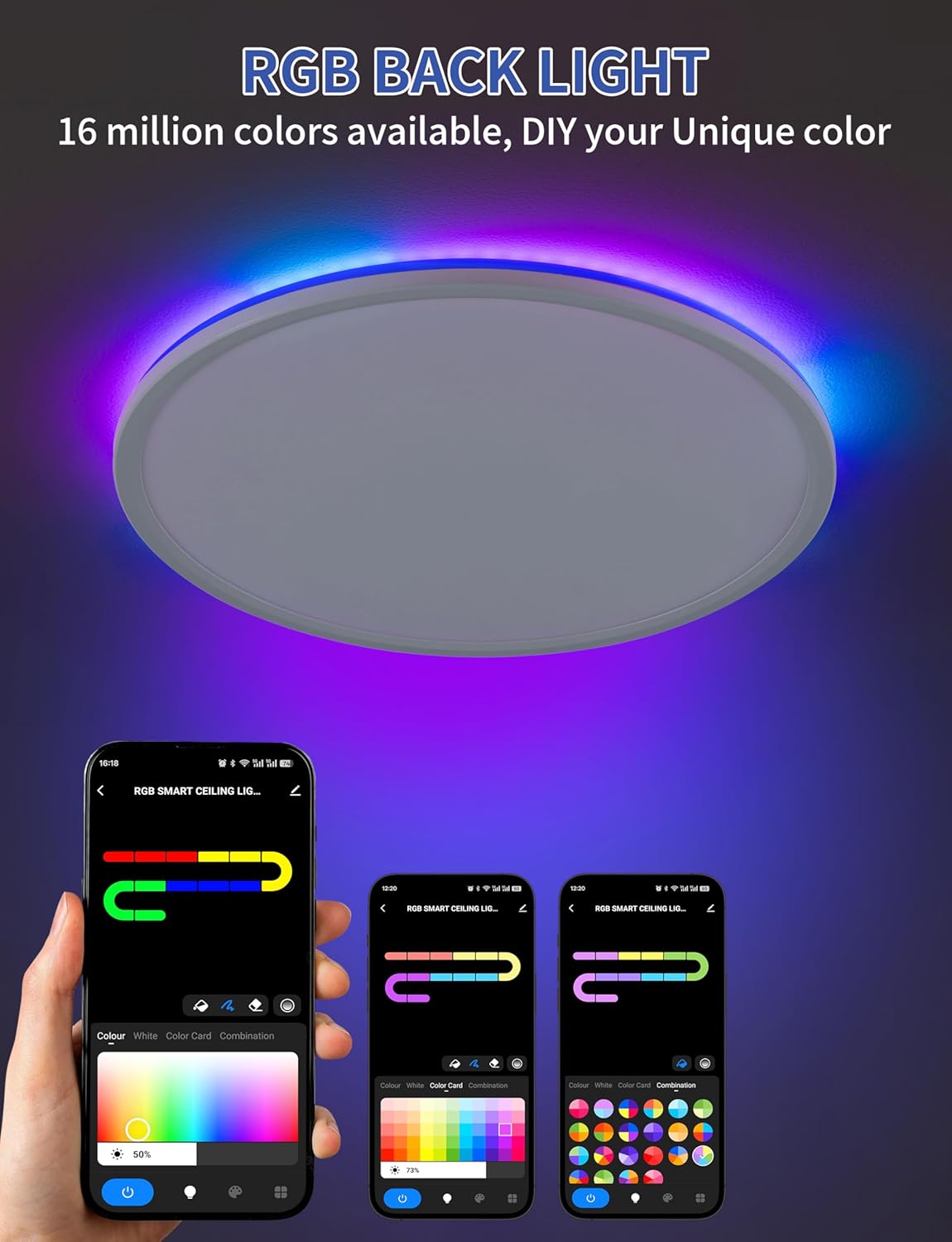 KAWELL Smart RGB LED Ceiling Light – 11 Inch, 24W 2400LM, 3000K–6500K, DIY Colors, Remote Control, Timer, Flush Mount