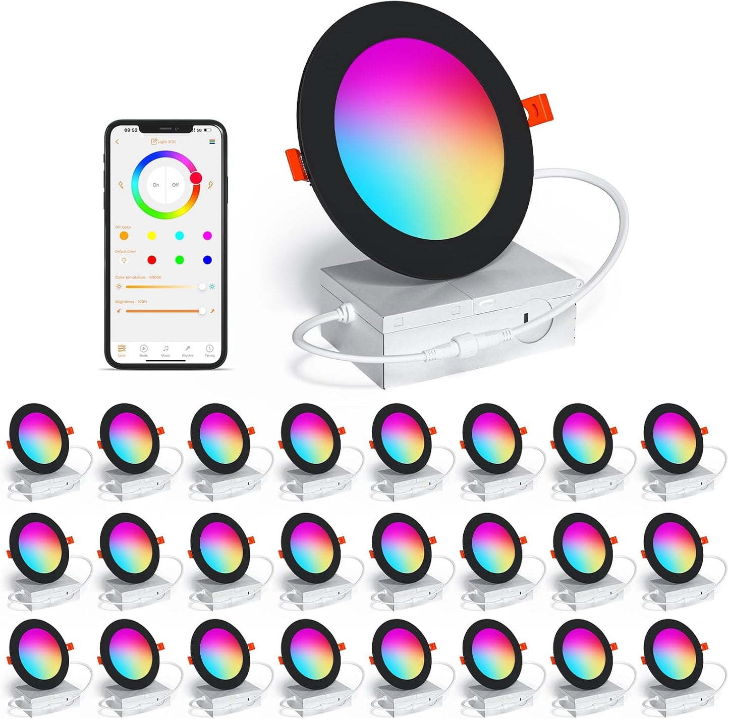 KAWELL SikSog 4-Inch Smart Recessed Lighting – RGB+CCT Color Changing, 12W, 1080LM, Alexa Compatible, Bluetooth Dimmable (Black Shell)