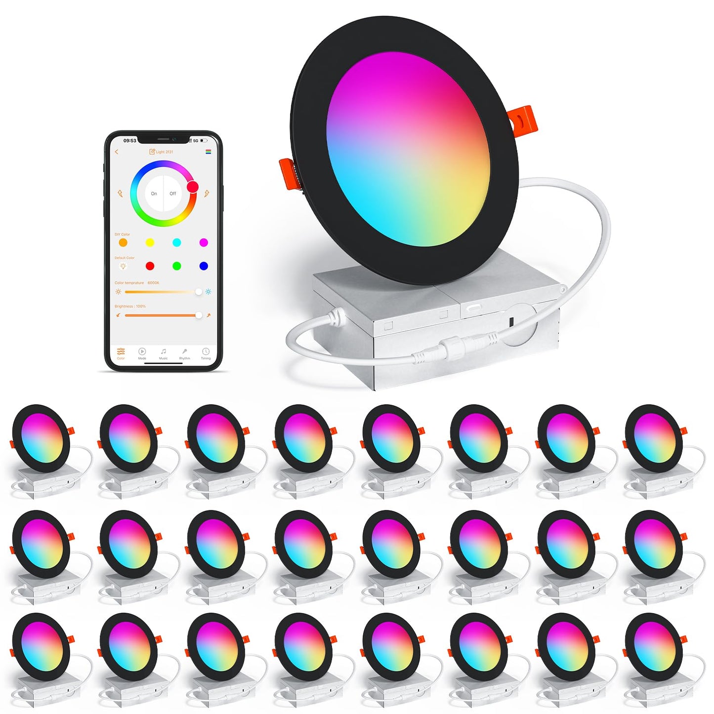 KAWELL SikSog 4-Inch Smart Recessed Lighting – RGB+CCT Color Changing, 12W, 1080LM, Alexa Compatible, Bluetooth Dimmable (Black Shell)