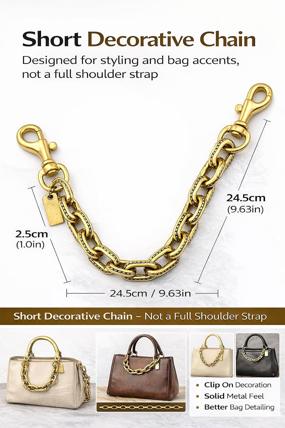 FunBoat Chunky Decorative Purse Chain with Double Clips - Short Antique Gold Bag Accent for Handbags & Totes