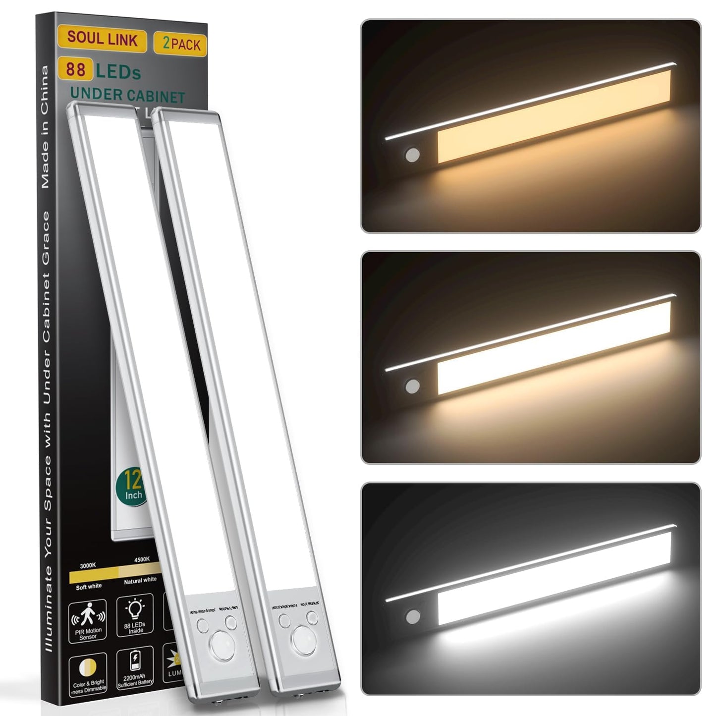 KAWELL Under Cabinet Light – 76 LED Motion Sensor, USB Rechargeable, Magnetic Dimmable (9.5" & 12")