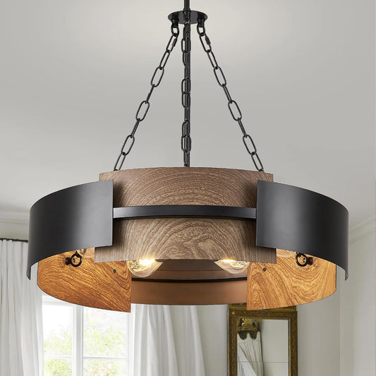 24" Industrial Drum Chandelier | 6-Light Black Metal & Walnut Wood, Dining Room
