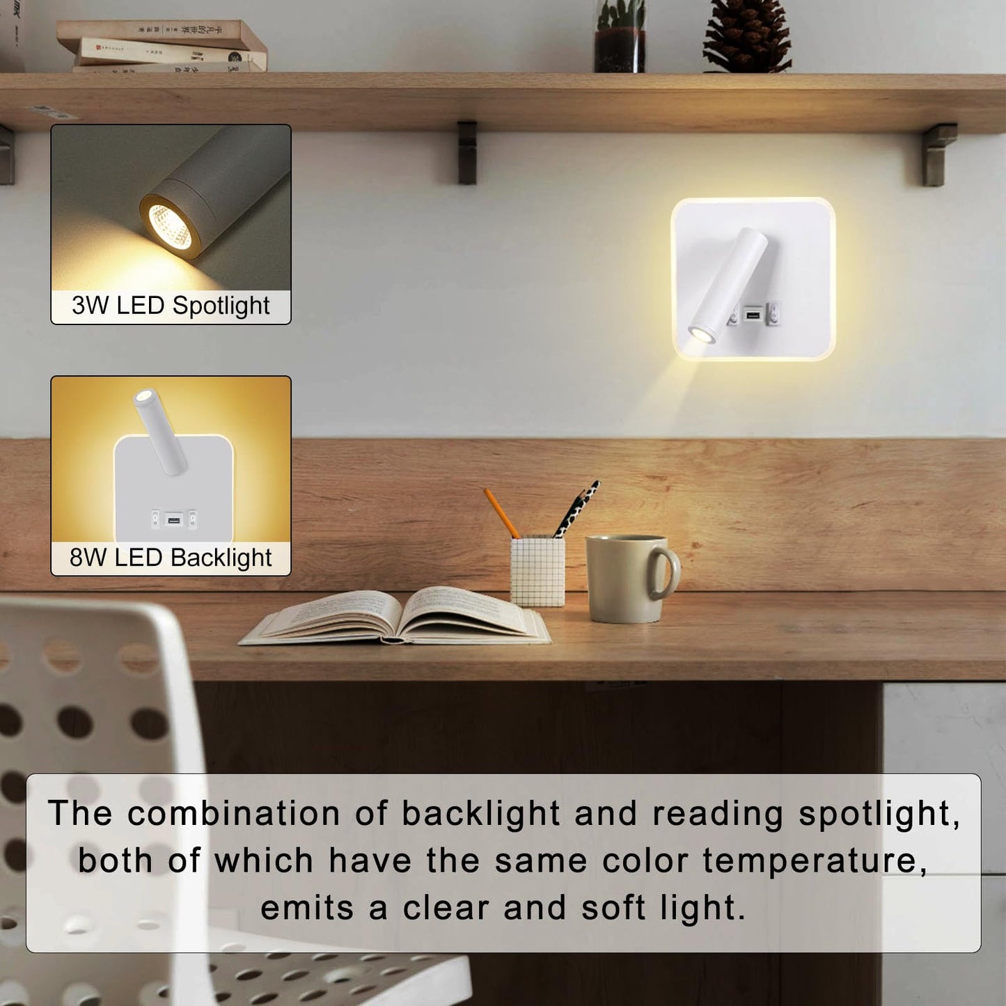 Kawell Indoor LED Wall Lamp with Switch Adjustable Bedside Wall Spotlight Modern LED Reading Wall Light with USB Charging Port for Bedroom Living Room Study Library, White(Warm White)