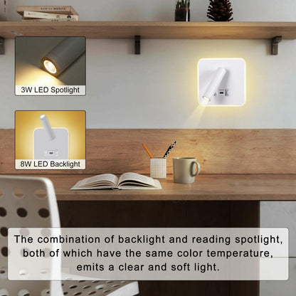 Kawell Indoor LED Wall Lamp with Switch Adjustable Bedside Wall Spotlight Modern LED Reading Wall Light with USB Charging Port for Bedroom Living Room Study Library, White(Warm White)