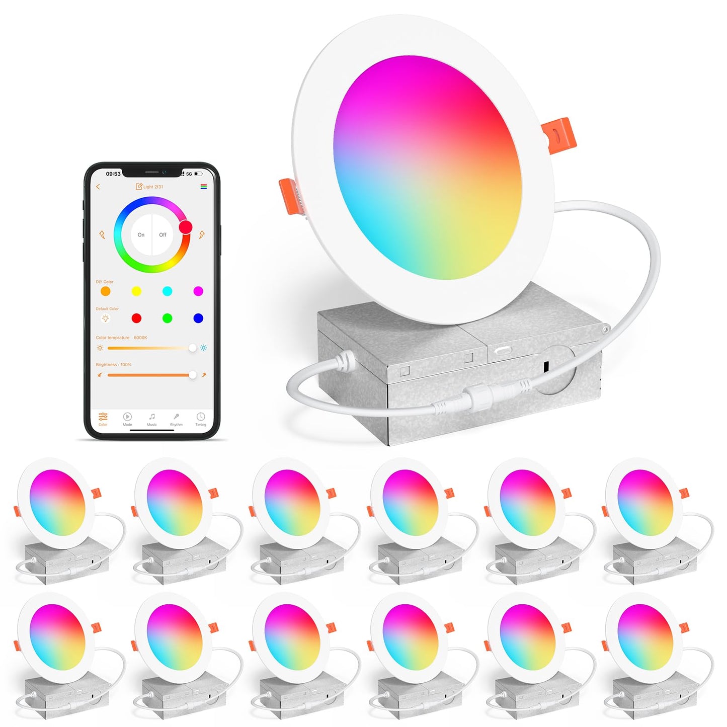 KAWELL SikSog 4-Inch Smart Recessed Lighting – RGB+CCT Color Changing, 12W, 1080LM, Alexa Compatible, Bluetooth Dimmable (Black Shell)