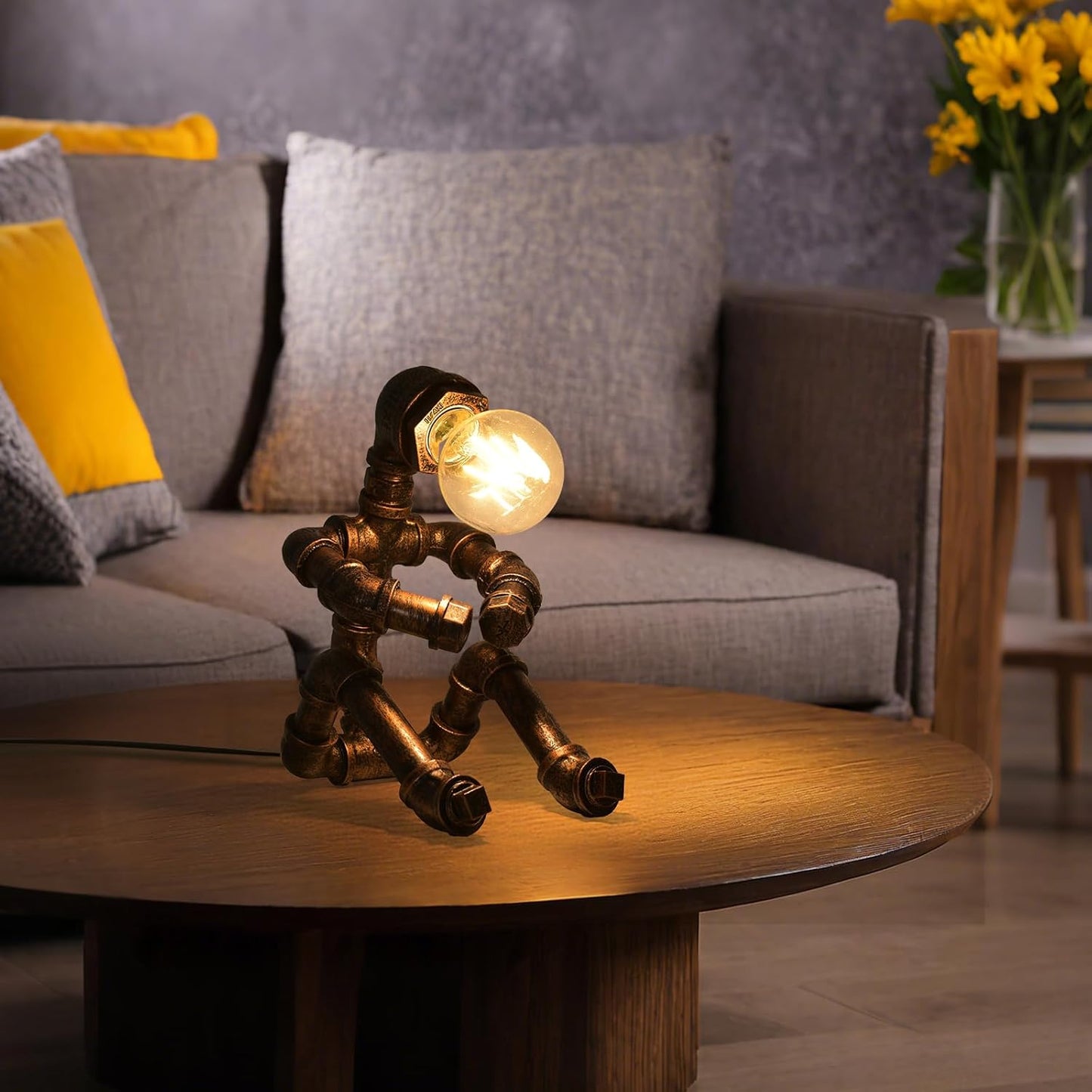 KAWELL Industrial Robot Table Lamp - Vintage Steampunk Desk Lamp with Metal Pipe Design for Bedroom, Office & Bar Decor