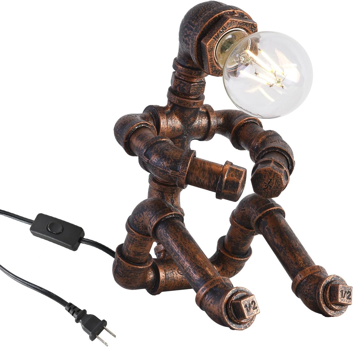 KAWELL Industrial Robot Table Lamp - Vintage Steampunk Desk Lamp with Metal Pipe Design for Bedroom, Office & Bar Decor