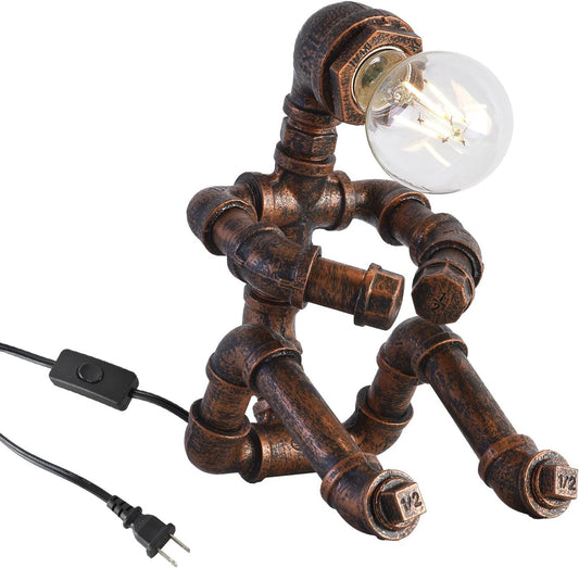 KAWELL Industrial Robot Table Lamp - Vintage Steampunk Desk Lamp with Metal Pipe Design for Bedroom, Office & Bar Decor