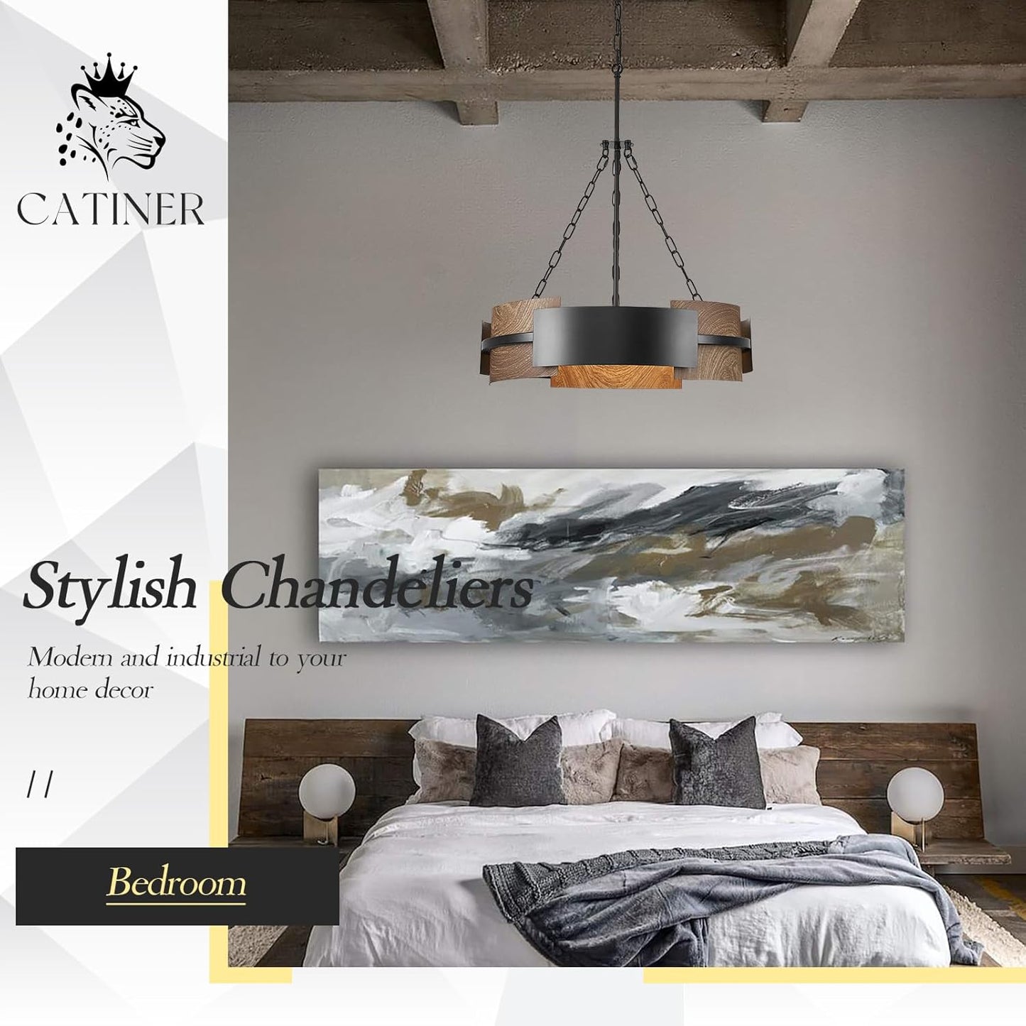 24" Industrial Drum Chandelier | 6-Light Black Metal & Walnut Wood, Dining Room