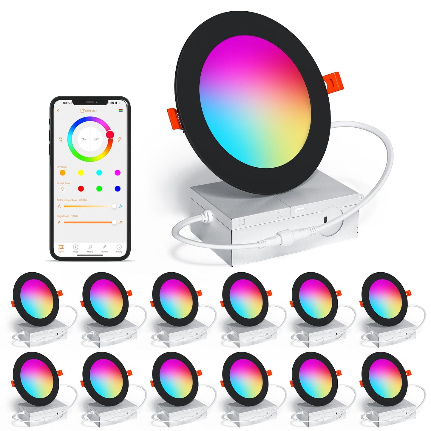 KAWELL SikSog 4-Inch Smart Recessed Lighting – RGB+CCT Color Changing, 12W, 1080LM, Alexa Compatible, Bluetooth Dimmable (Black Shell)