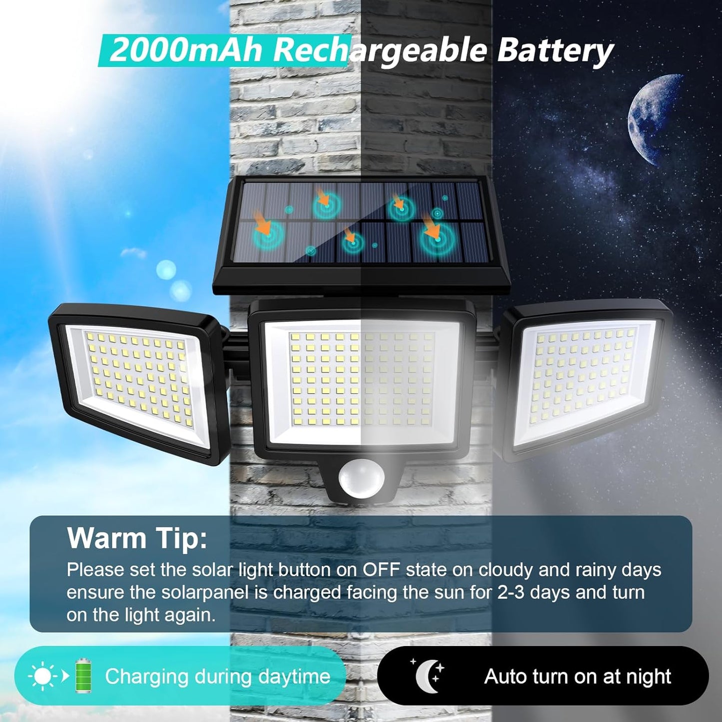 KAWELL Solar Outdoor Security Light 2500LM – 210 LED, 3-Head, Remote Control, 270° Motion Sensor, IP65 Waterproof