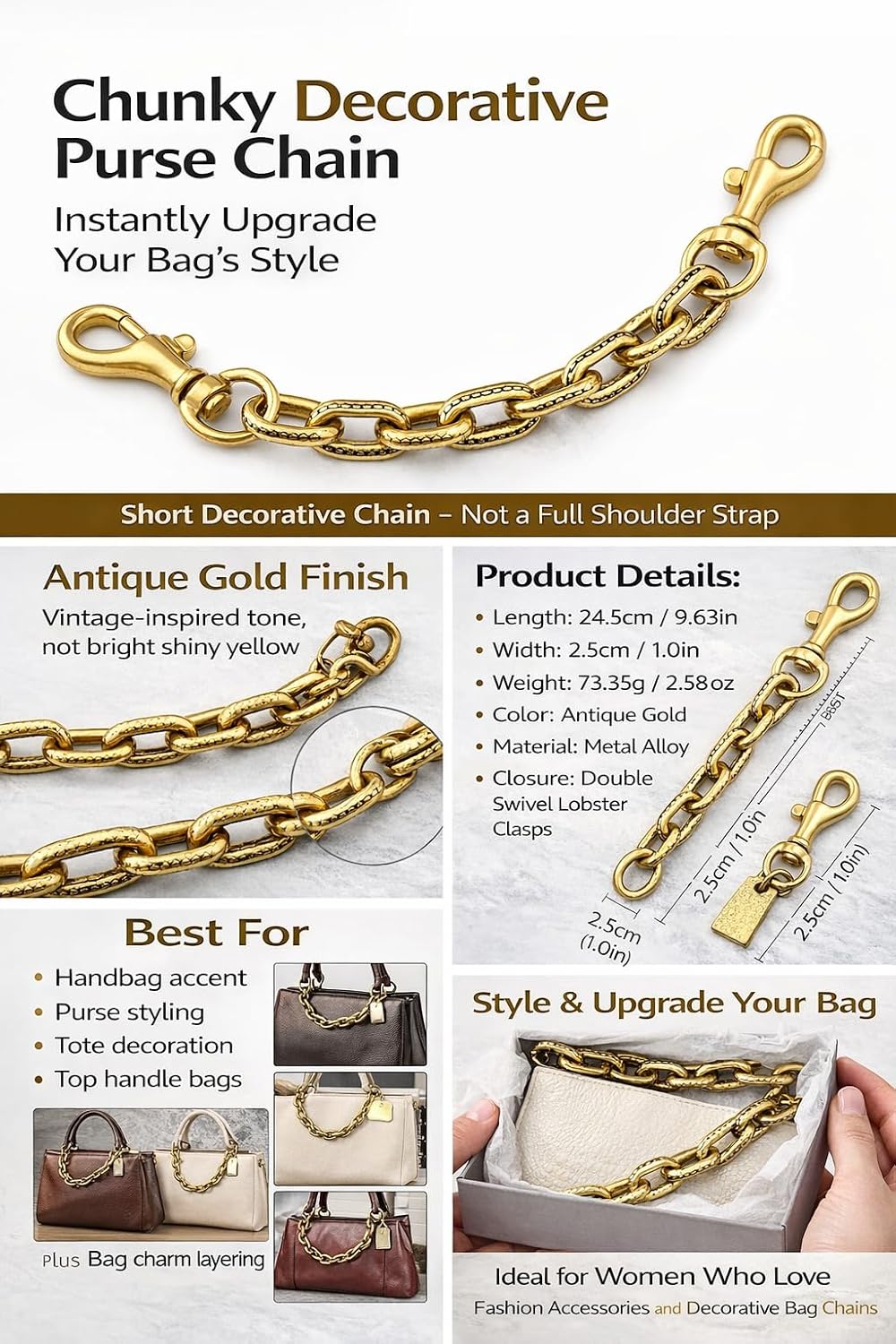 FunBoat Chunky Decorative Purse Chain with Double Clips - Short Antique Gold Bag Accent for Handbags & Totes