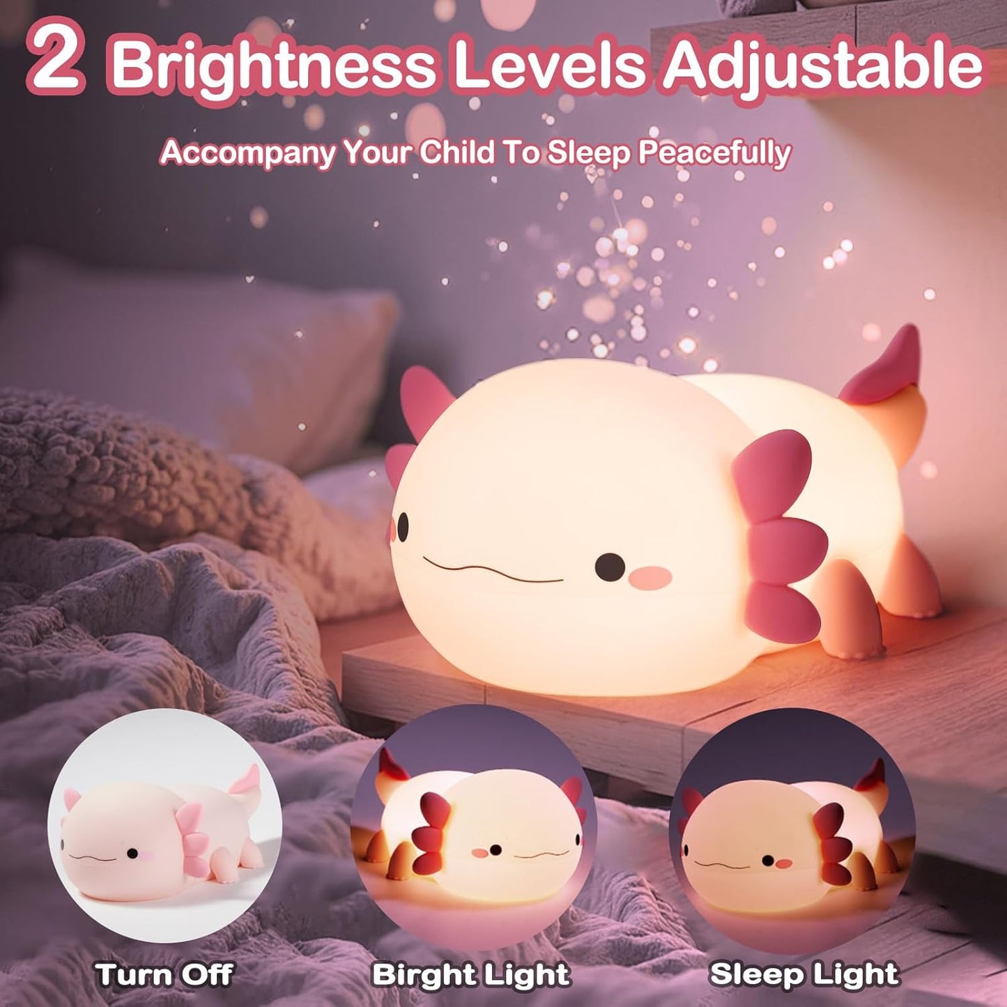Axolotl Night Light | Rechargeable Silicone Bedside Lamp, Dimmable, Kids Teen Gift