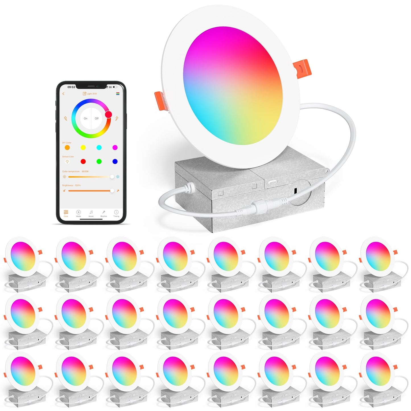 KAWELL SikSog 4-Inch Smart Recessed Lighting – RGB+CCT Color Changing, 12W, 1080LM, Alexa Compatible, Bluetooth Dimmable (Black Shell)