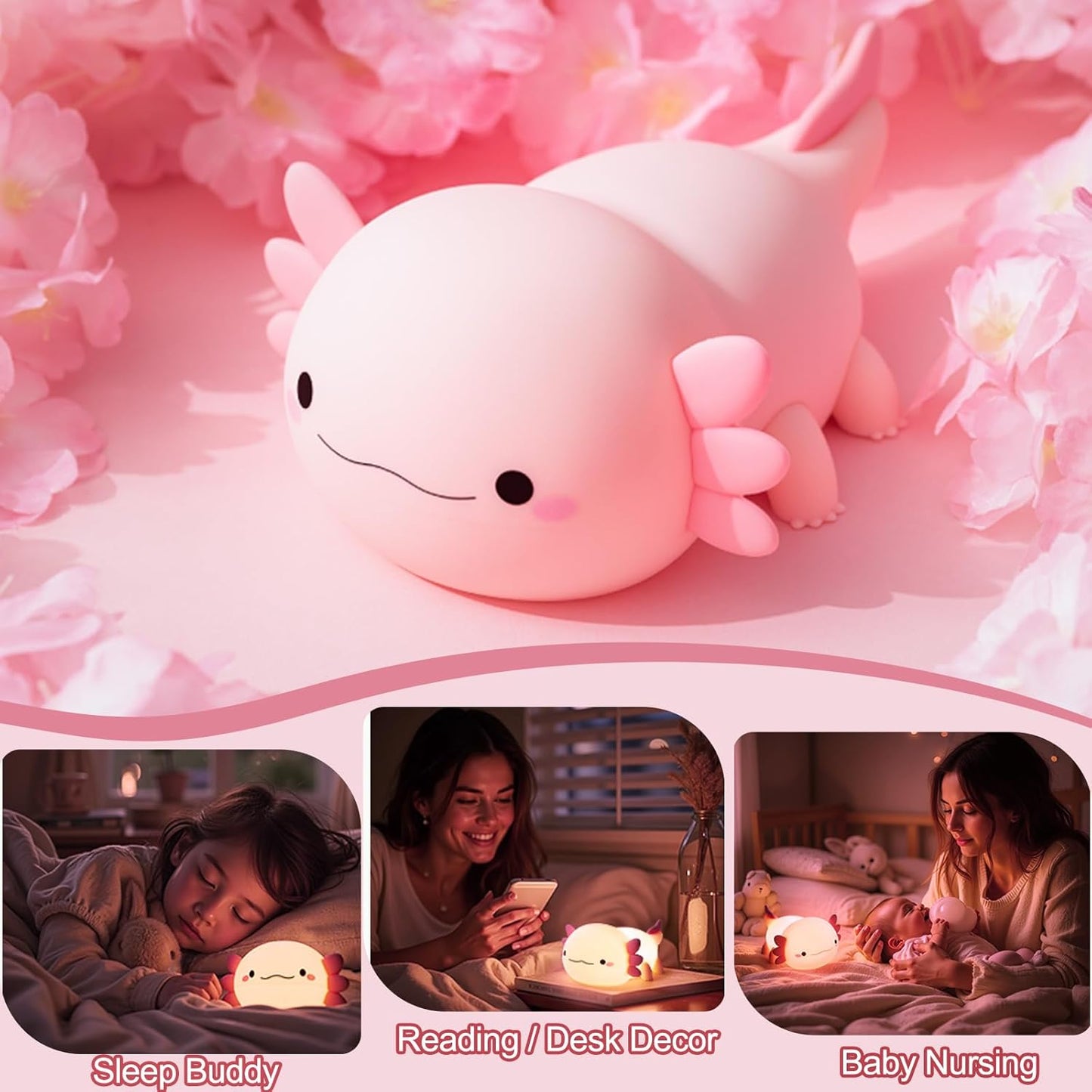 Axolotl Night Light | Rechargeable Silicone Bedside Lamp, Dimmable, Kids Teen Gift