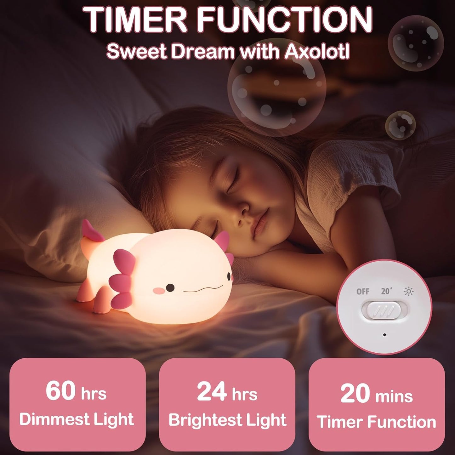 Axolotl Night Light | Rechargeable Silicone Bedside Lamp, Dimmable, Kids Teen Gift
