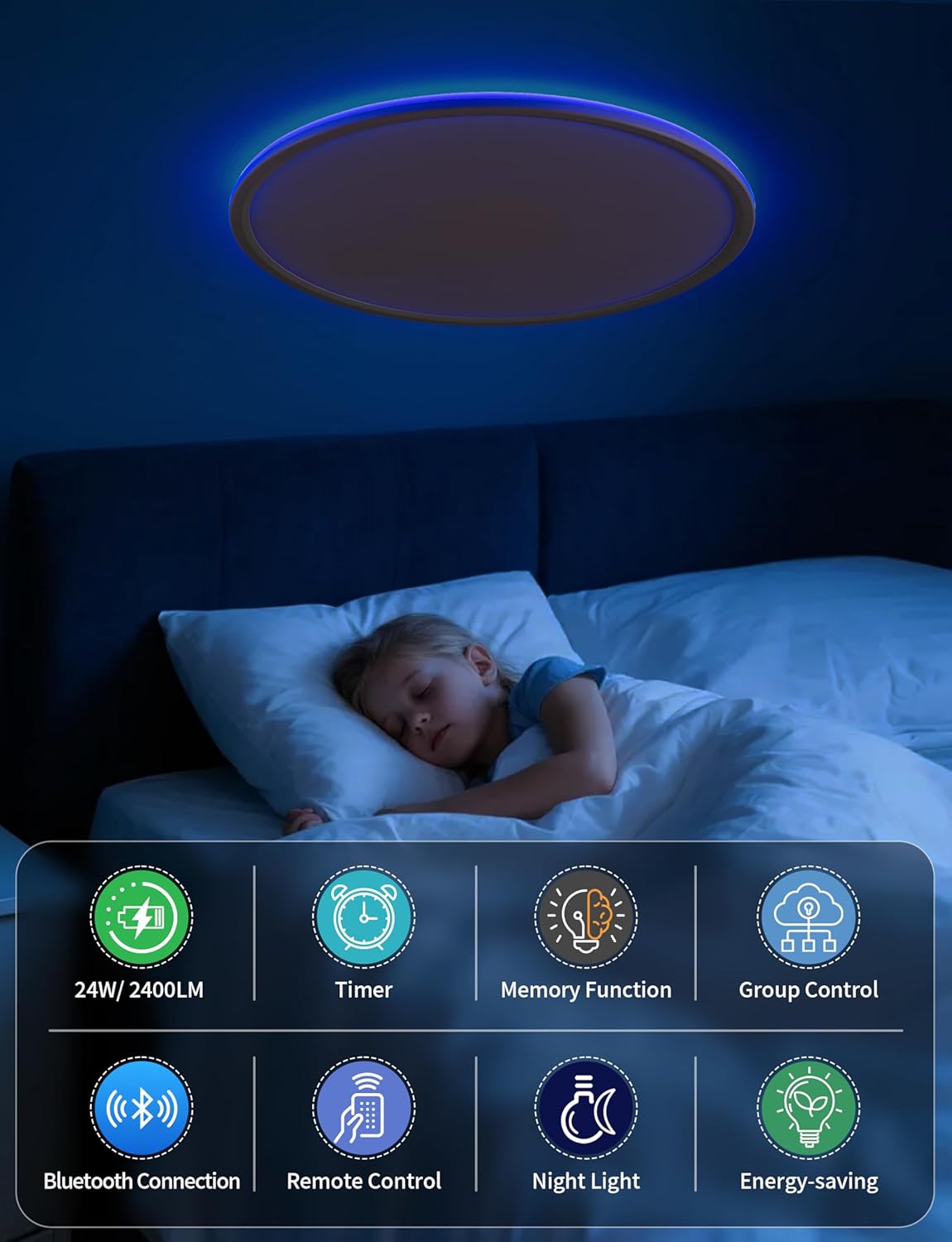 KAWELL Smart RGB LED Ceiling Light – 11 Inch, 24W 2400LM, 3000K–6500K, DIY Colors, Remote Control, Timer, Flush Mount