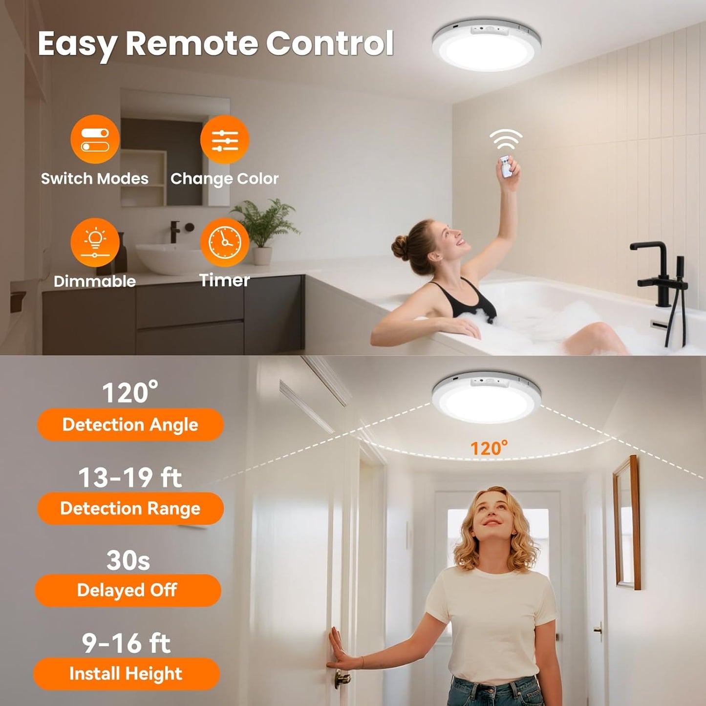 KAWELL Rechargeable Motion Sensor Ceiling Light - 10000mAh Battery Operated LED Flush Mount with Remote Control, 3 Color Modes, Dimmable for Closet, Hallway, Stairs