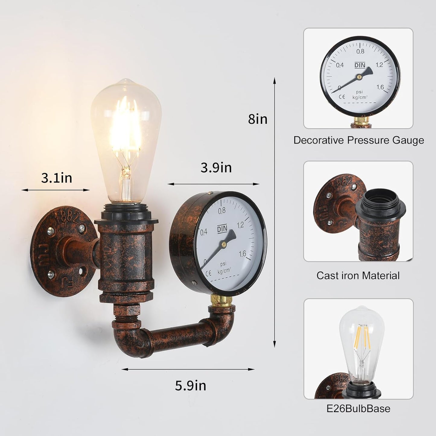 KAWELL Steampunk Wall Sconce - Vintage Industrial Pipe Wall Light with Pressure Gauge Design, E26 Edison Bulb Fixture for Bar, Cafe & Bedroom