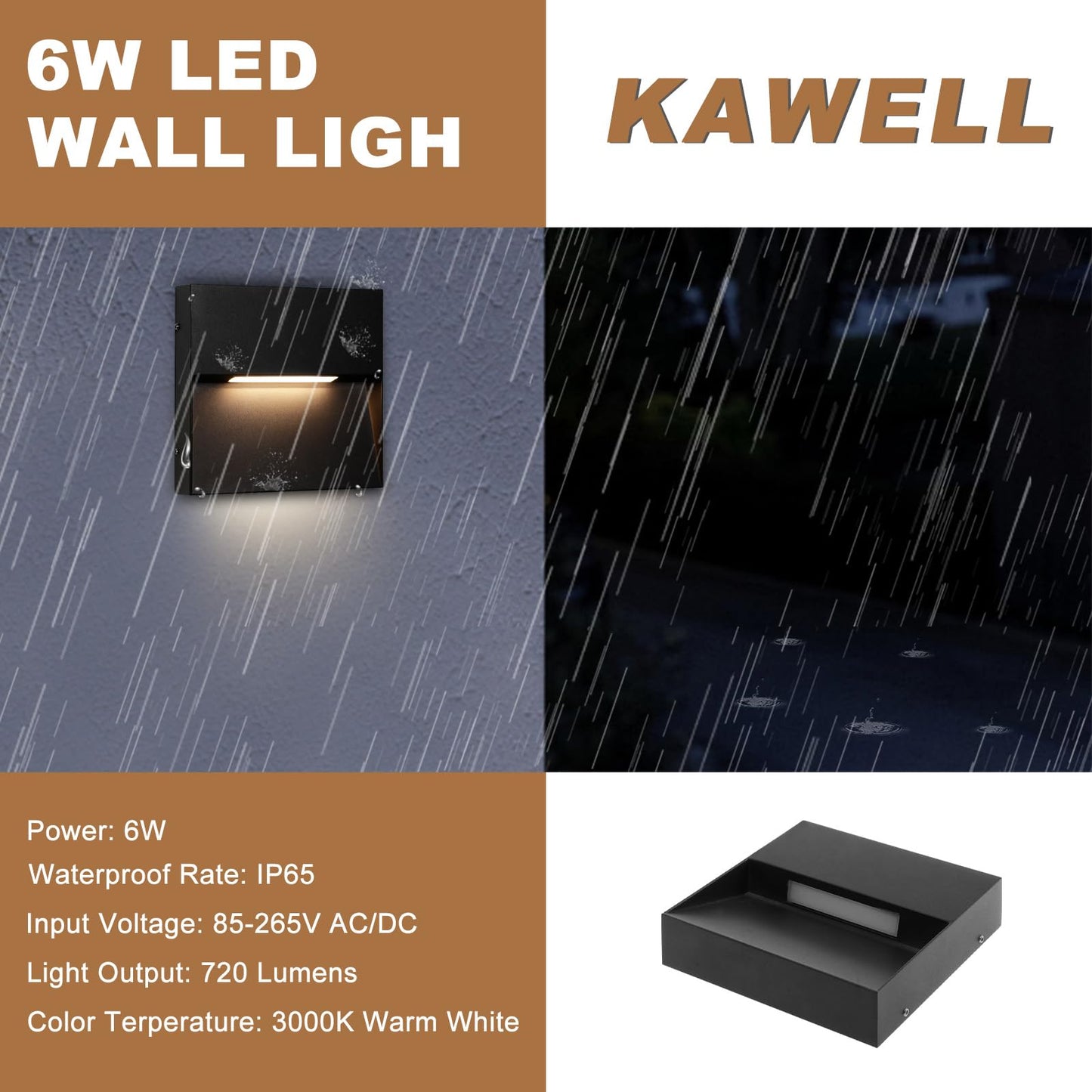 Kawell Modern 6W LED Wall Sconce Square Waterproof LED Wall Light Hardwired Aluminum LED Wall Lamp Indoor for Porch Patio Hallway Stair, 3000K