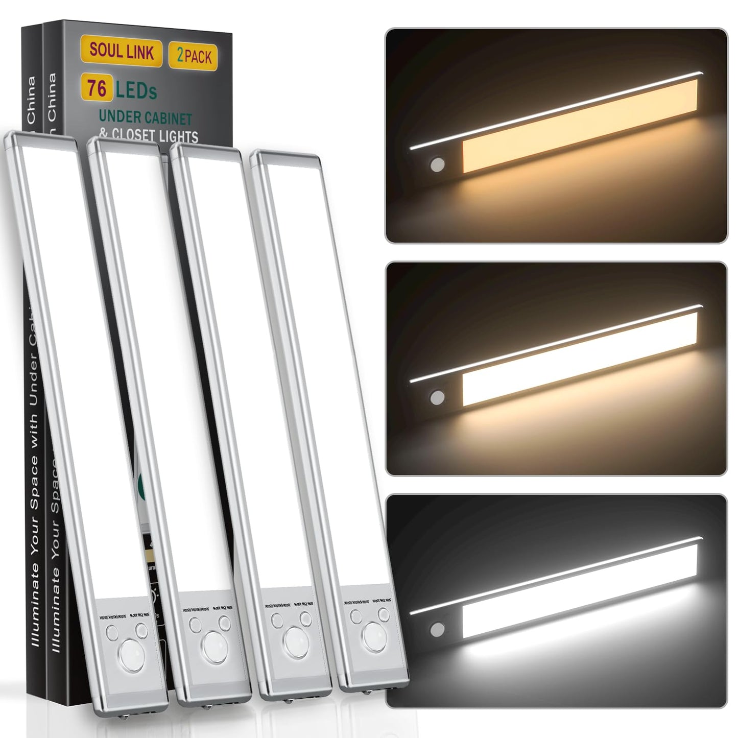 KAWELL Under Cabinet Light – 76 LED Motion Sensor, USB Rechargeable, Magnetic Dimmable (9.5" & 12")