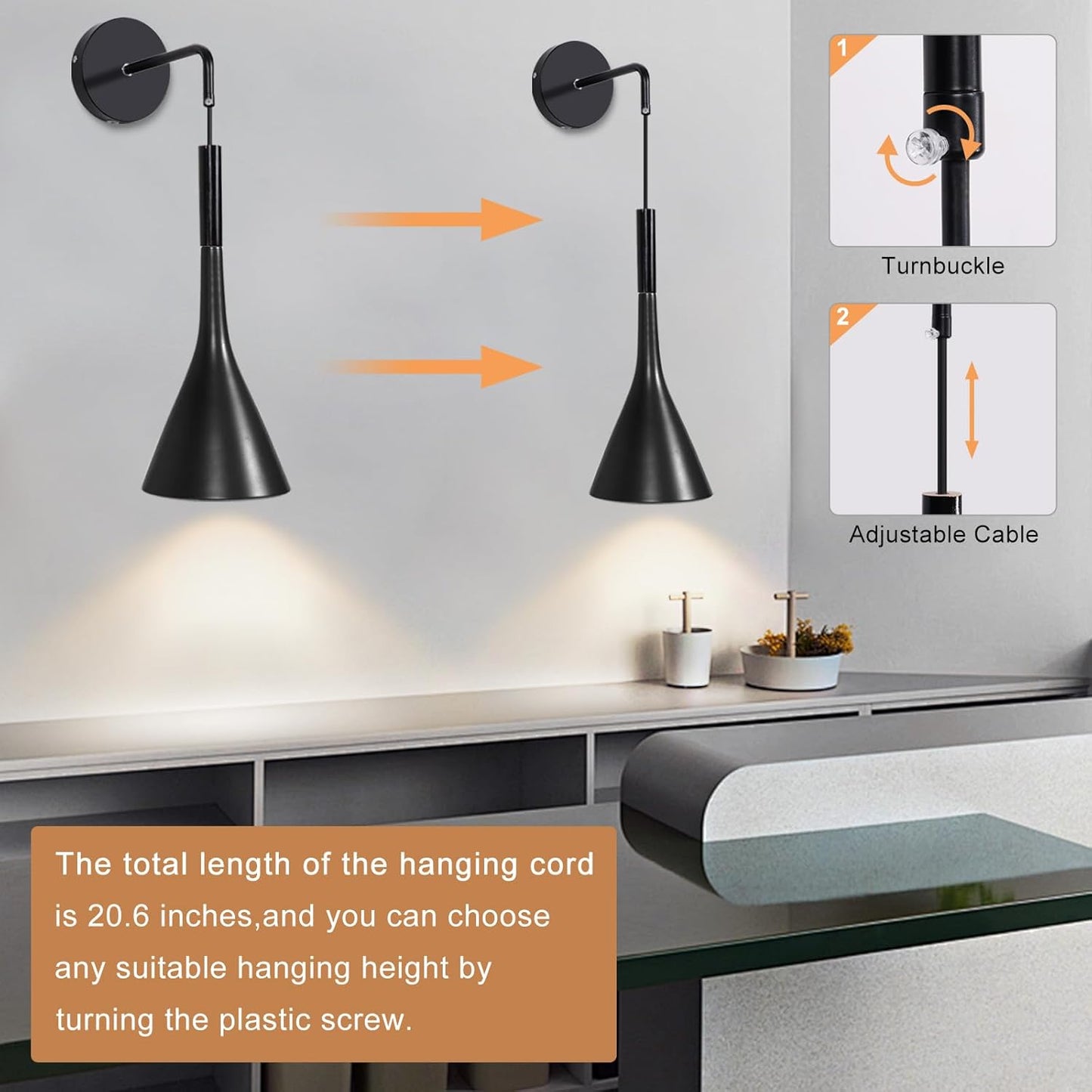 Kawell Plug in Wall Lamp with Cord Modern Hanging Wall Light Fixture Indoor Hardwired Wall Sconce Adjustable Hanging Height for Bedside Living Room Study, Black