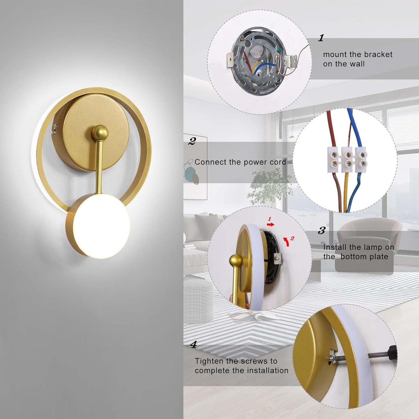 KAWELL Modern LED Wall Sconce 18W - 360° Rotatable Wall Light Fixture with Clock Design for Bedroom, Living Room & Hallway
