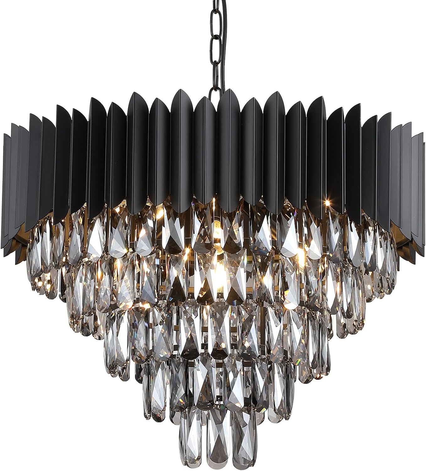 24" Black Crystal Chandelier | 12-Light 5-Tier K9 Crystal, Modern Ceiling Fixture