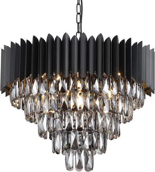 24" Black Crystal Chandelier | 12-Light 5-Tier K9 Crystal, Modern Ceiling Fixture