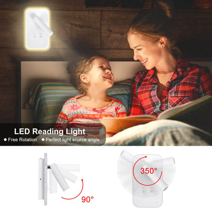 Kawell 2 in 1 8W Modern LED Wall Sconces Indoor LED Wall Light with Switch 350° Swivel 3W LED Reading Wall Spotlight LED Wall Lamp for Bedroom Bedside Living Room Study Room, White 3000K