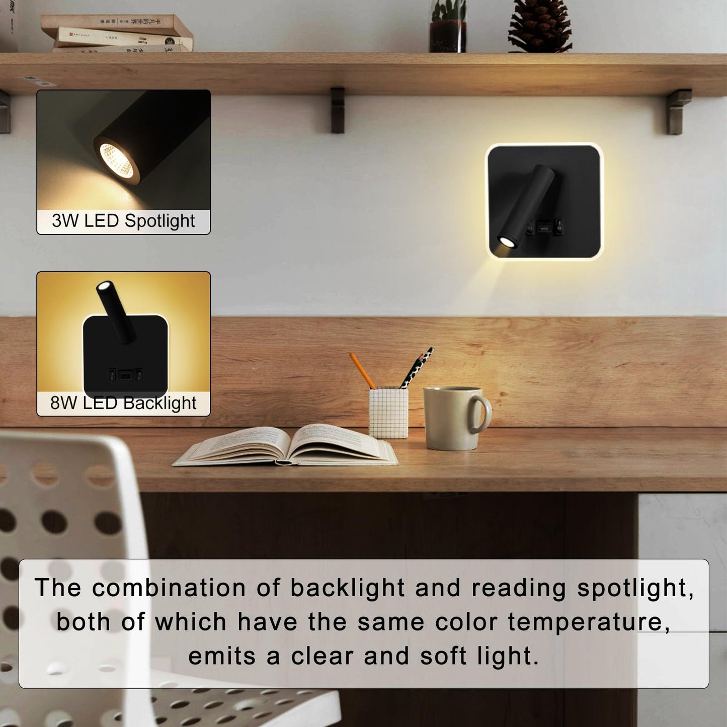 Kawell Indoor LED Wall Lamp with Switch Adjustable Bedside Wall Spotlight Modern LED Reading Wall Light with USB Charging Port for Bedroom Living Room Study Library, Black(Warm White)