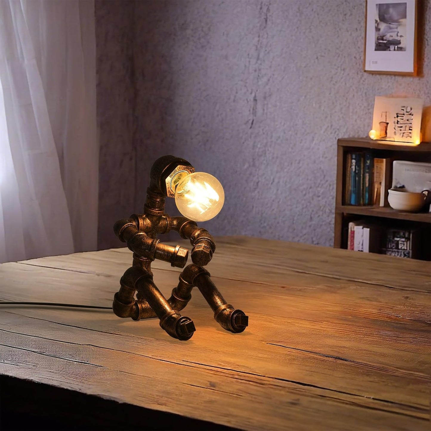 KAWELL Industrial Robot Table Lamp - Vintage Steampunk Desk Lamp with Metal Pipe Design for Bedroom, Office & Bar Decor