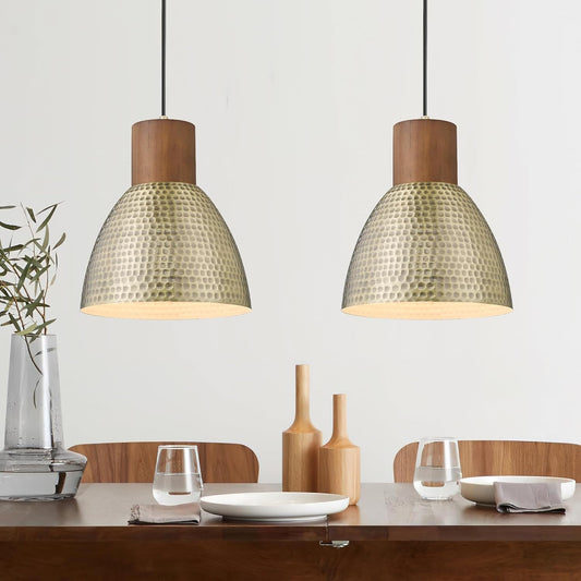 2-Pack Hammered Brass Pendant Lights | Vintage Solid Wood Bar Lamp, Kitchen Island