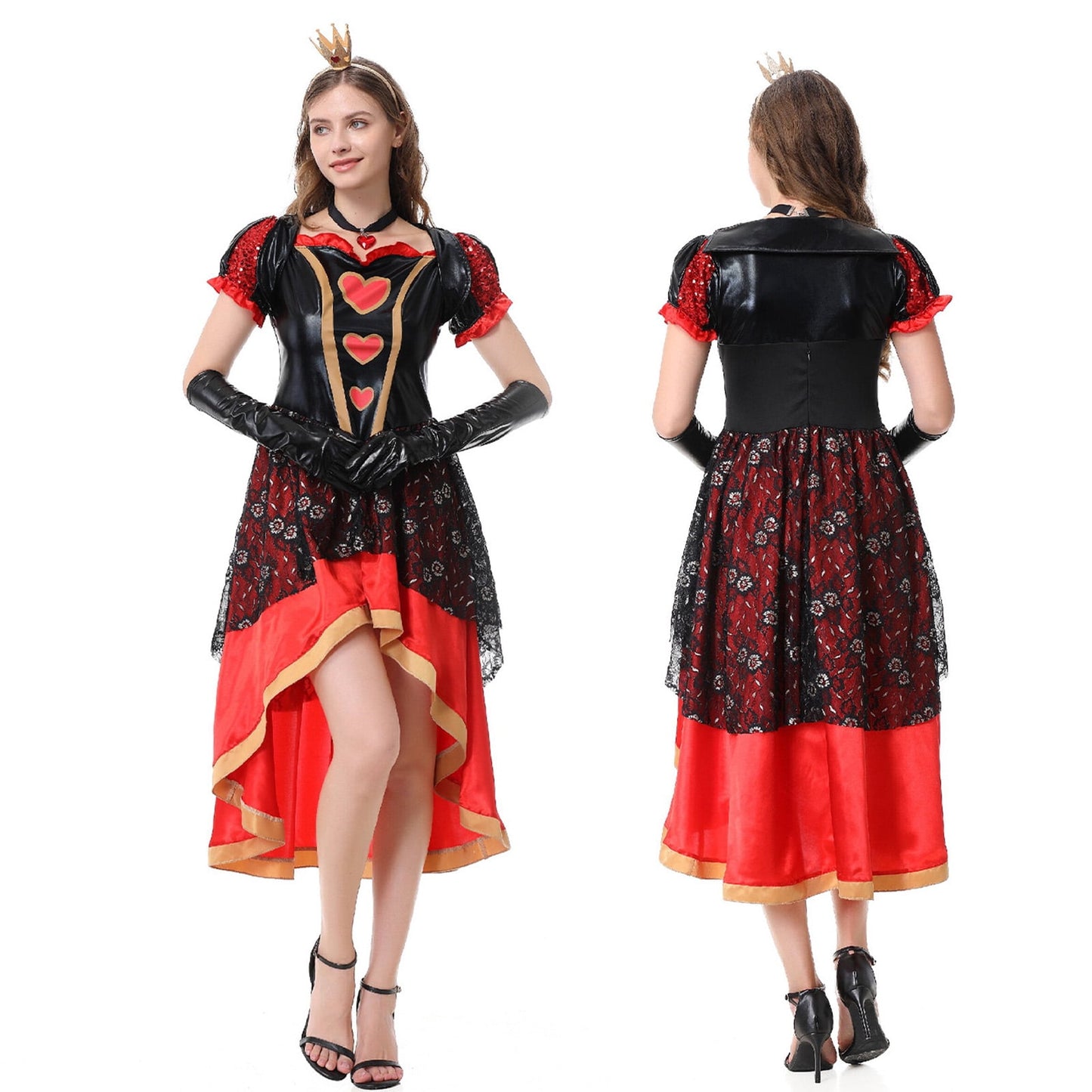 URSOFINE Women's Heart Queen Costume Set, Black Red Lace High Low Dress with Crown Gloves for Halloween Fancy Dress Party