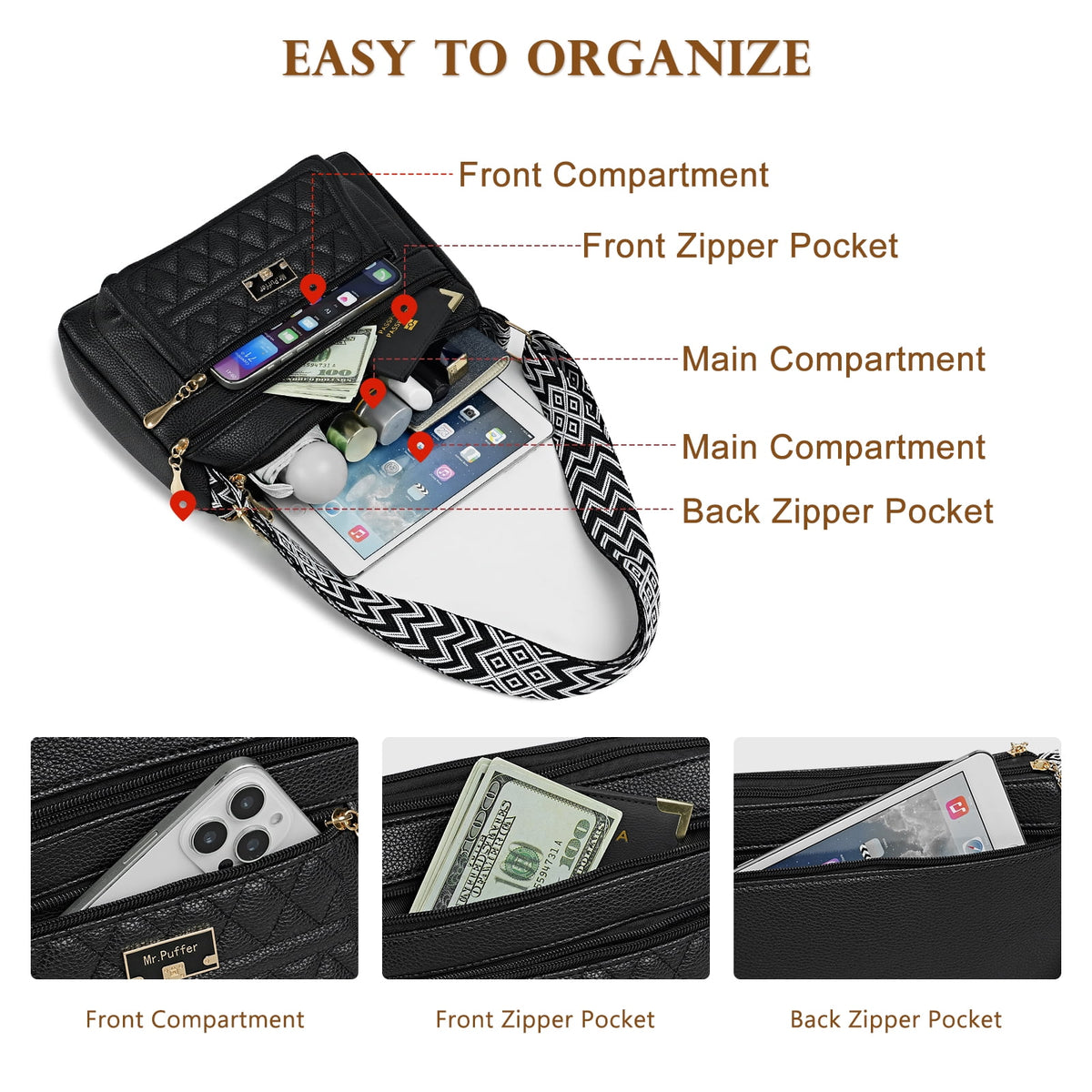 URSOFINE Quilted PU Leather Crossbody Bag for Women - Multi-Pocket Shoulder Bag with Adjustable Geometric Strap