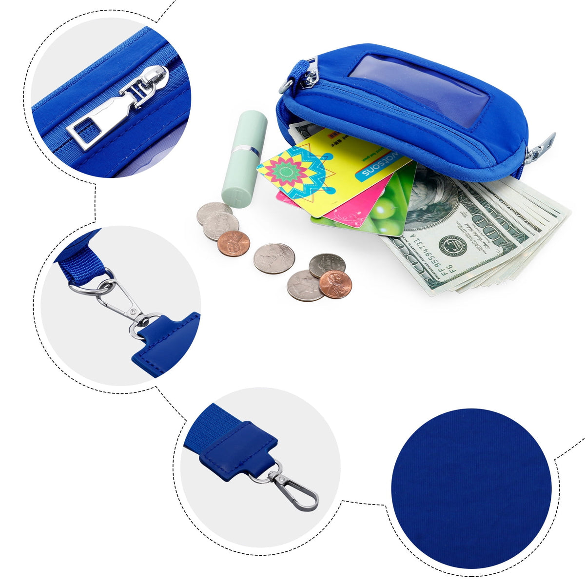 URSOFINE Small Nylon Wristlet Wallet for Women – Zip-Around Mini Coin Purse with Clear ID Window & Detachable Strap, Lightweight Card Holder for Travel, Gym & Everyday Use （Black）