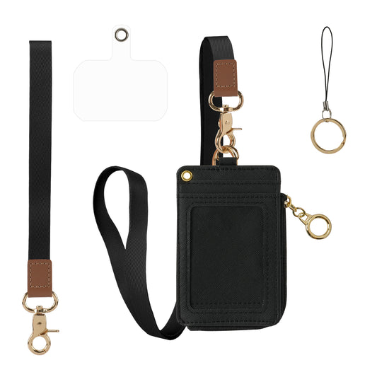 Leather Lanyard Card Holder with Zipper – ID Badge Cover, Access Control Card Case, Anti-Lost Keychain Wallet
