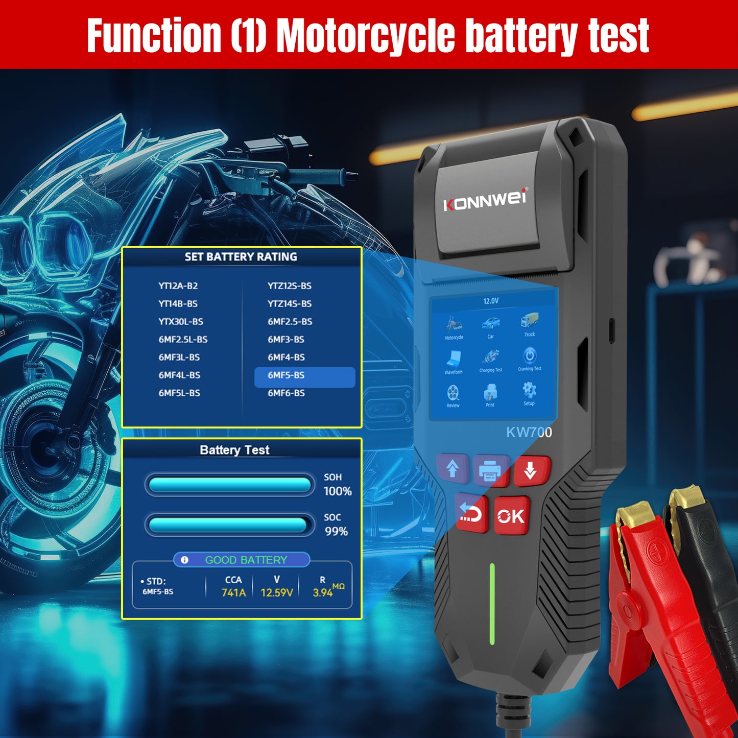 KONNWEI KW700 Battery Tester with Thermal Printer | 6V 12V 24V All-in-One Diagnostic Tool