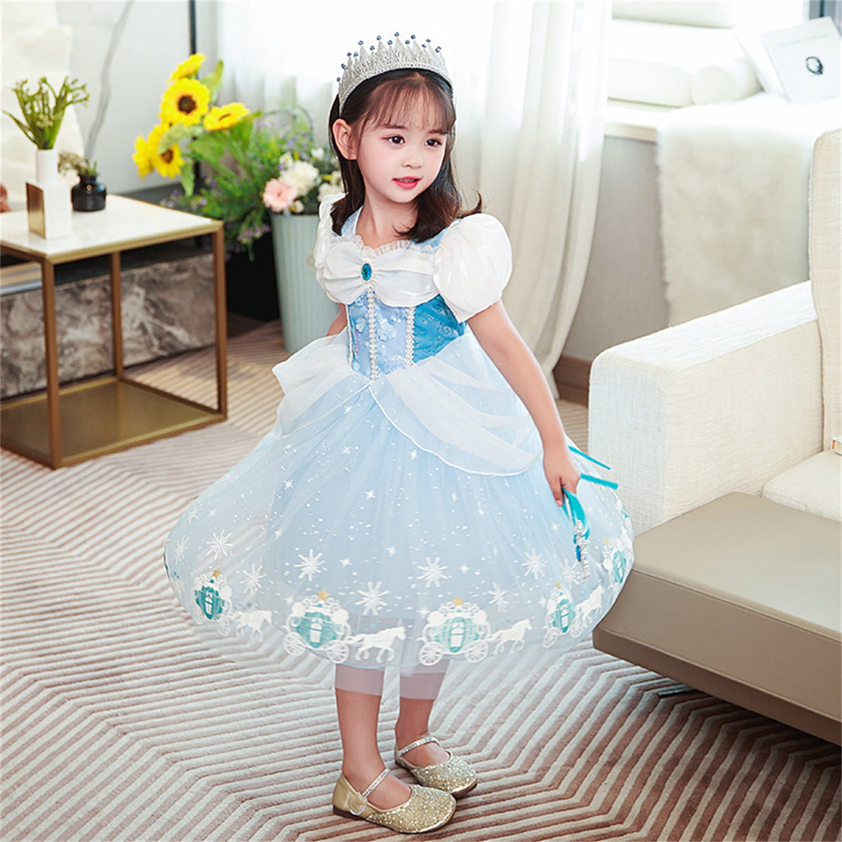 KAWELL Princess Blue Costume Fancy Costume Princess Dress Halloween Party Role Play with Sleeves