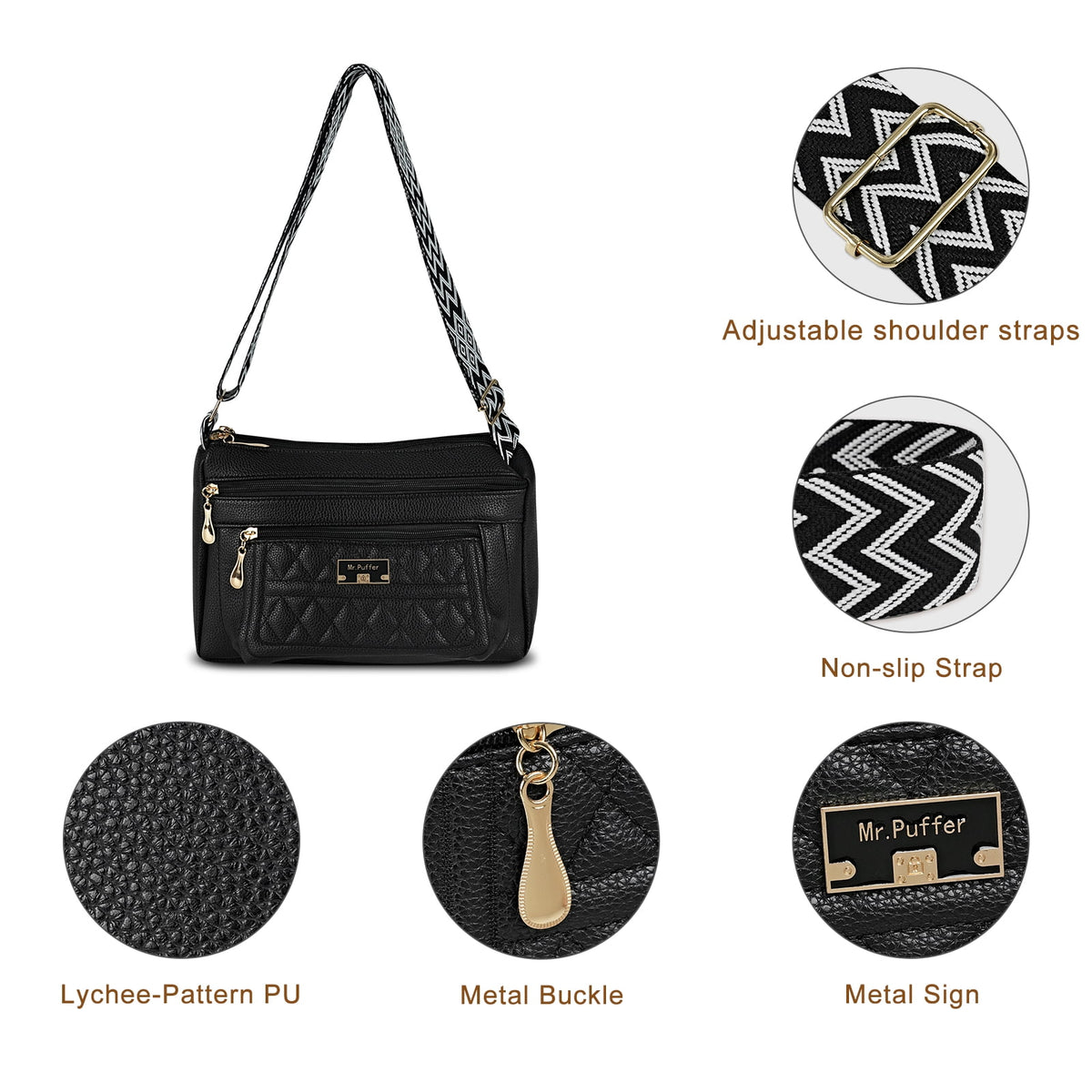 URSOFINE Quilted PU Leather Crossbody Bag for Women - Multi-Pocket Shoulder Bag with Adjustable Geometric Strap