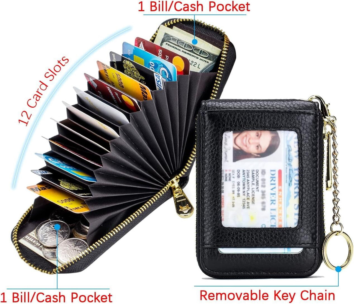 KAWELL Credit Card Holder, Small RFID Card Wallet Slim Leather Card Case with Keychain & ID Window