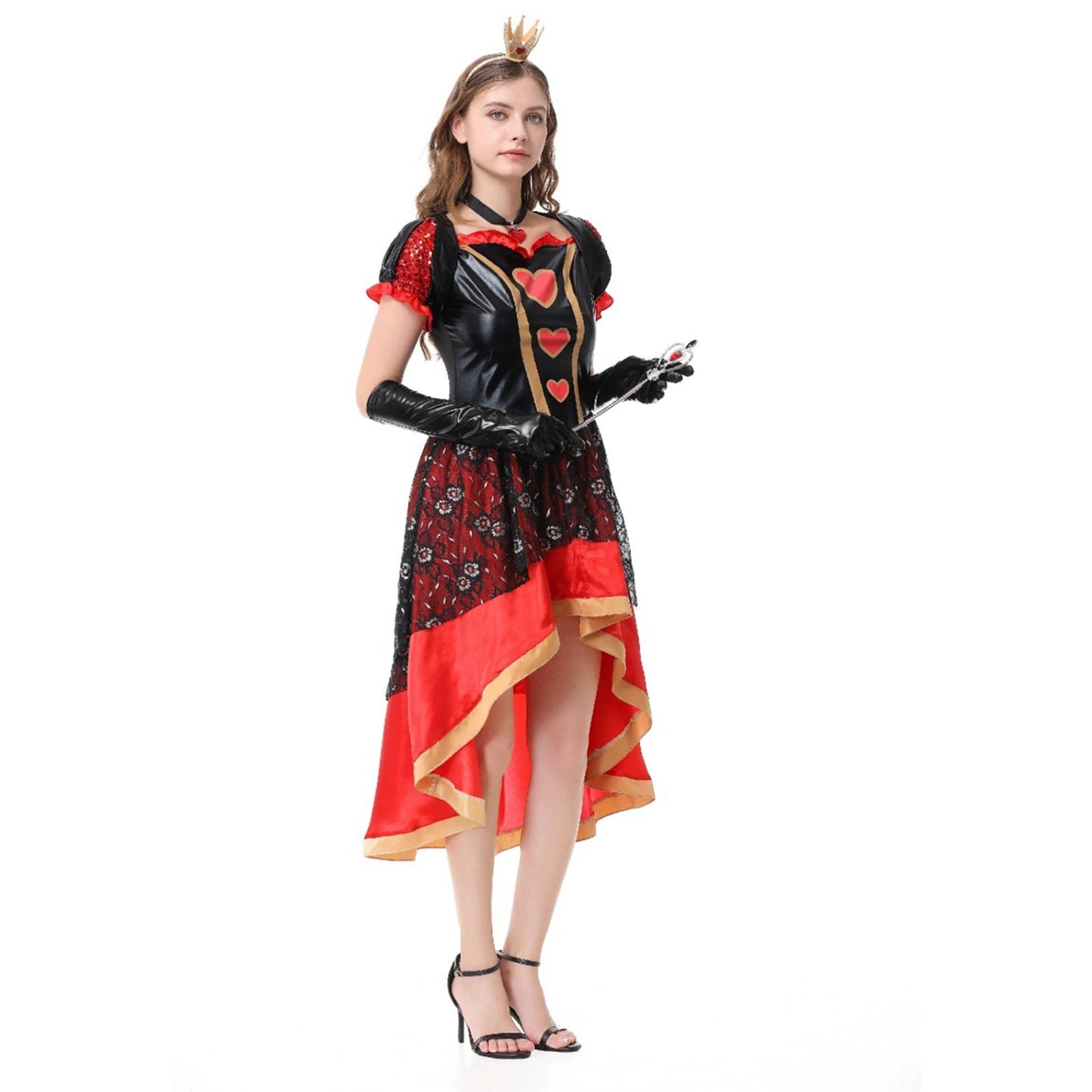 URSOFINE Women's Heart Queen Costume Set, Black Red Lace High Low Dress with Crown Gloves for Halloween Fancy Dress Party