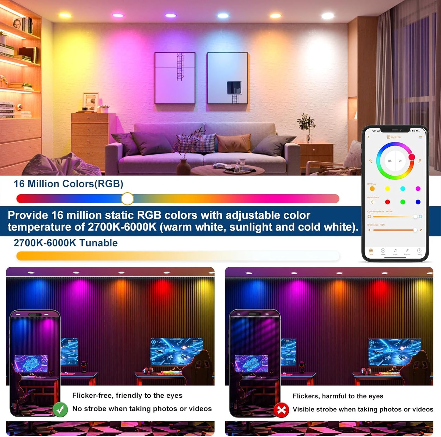 KAWELL SikSog 4-Inch Smart Recessed Lighting – RGB+CCT Color Changing, 12W, 1080LM, Alexa Compatible, Bluetooth Dimmable (Black Shell)